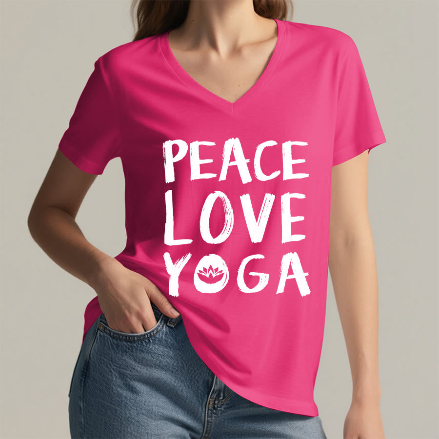 T-shirt à col en V pour femme Olivenorma Peace Love Lotus Yoga Text Graphic - image 5