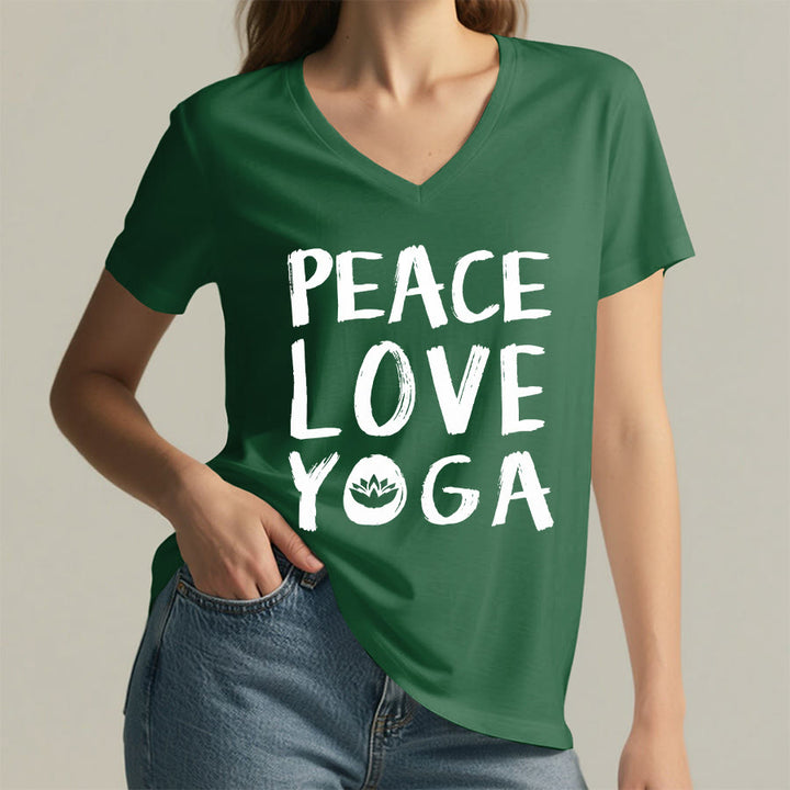 T-shirt à col en V pour femme Olivenorma Peace Love Lotus Yoga Text Graphic - image 8
