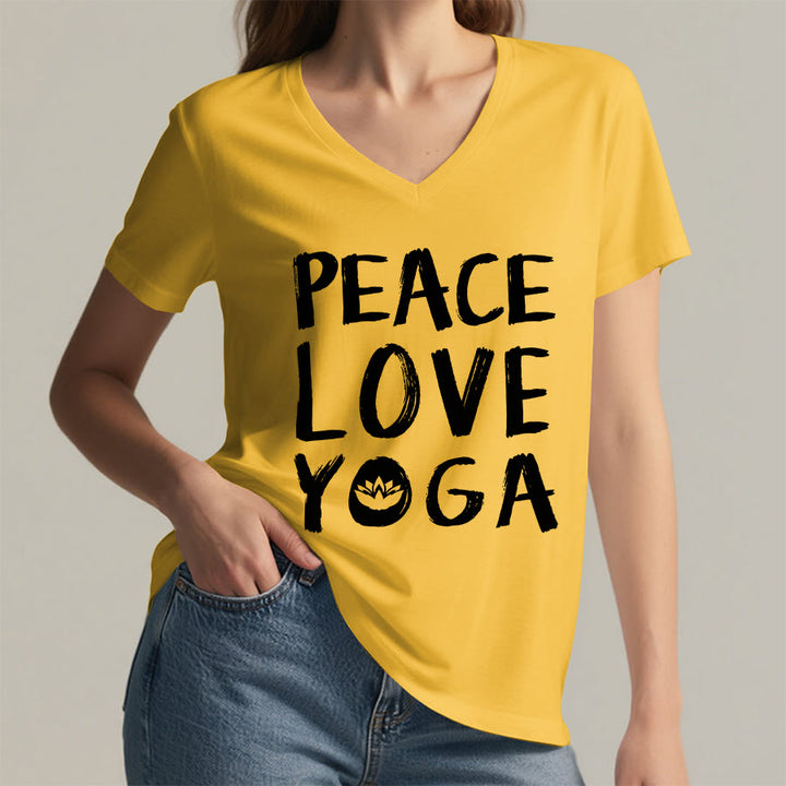 T-shirt à col en V pour femme Olivenorma Peace Love Lotus Yoga Text Graphic - image 35