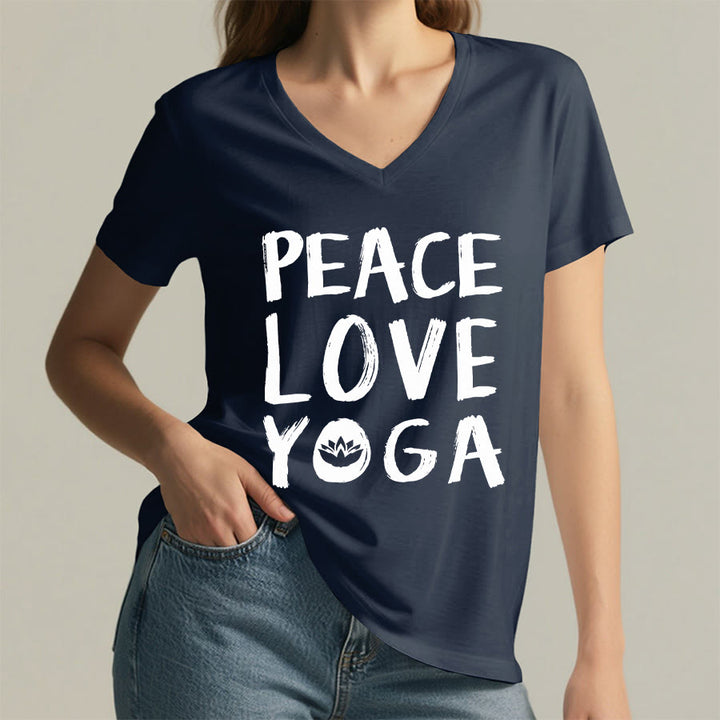 T-shirt à col en V pour femme Olivenorma Peace Love Lotus Yoga Text Graphic - image 29