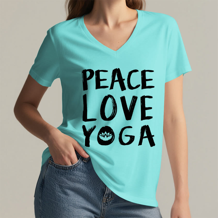 T-shirt à col en V pour femme Olivenorma Peace Love Lotus Yoga Text Graphic - image 20