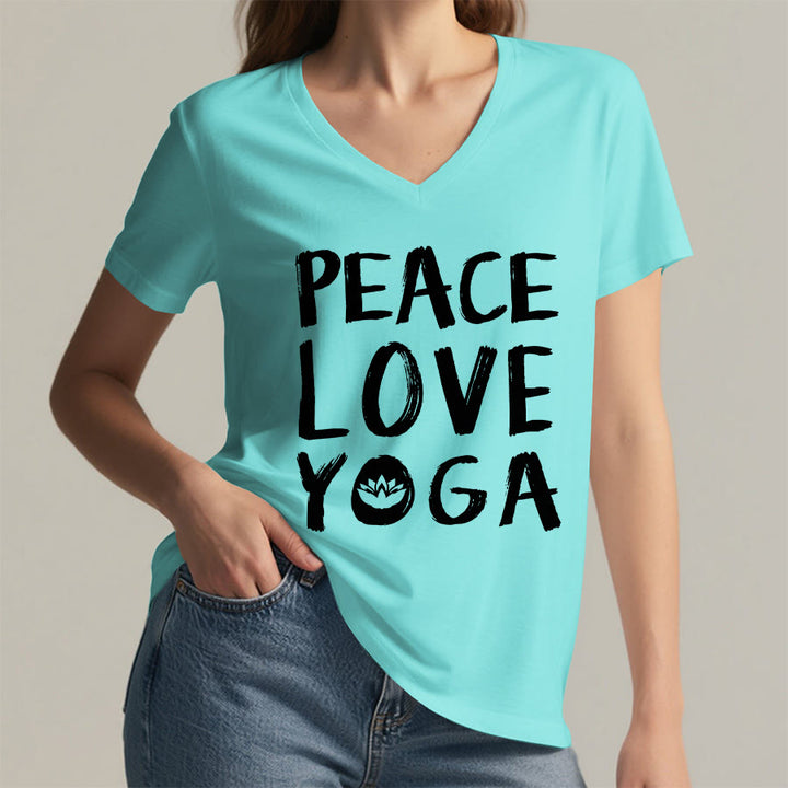 T-shirt à col en V pour femme Olivenorma Peace Love Lotus Yoga Text Graphic - image 20