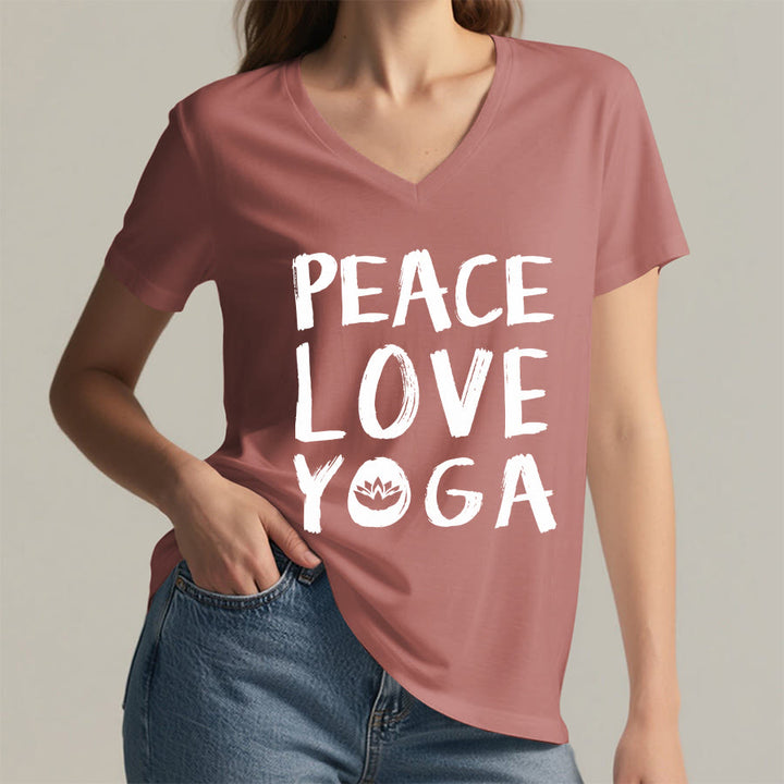 T-shirt à col en V pour femme Olivenorma Peace Love Lotus Yoga Text Graphic - image 17