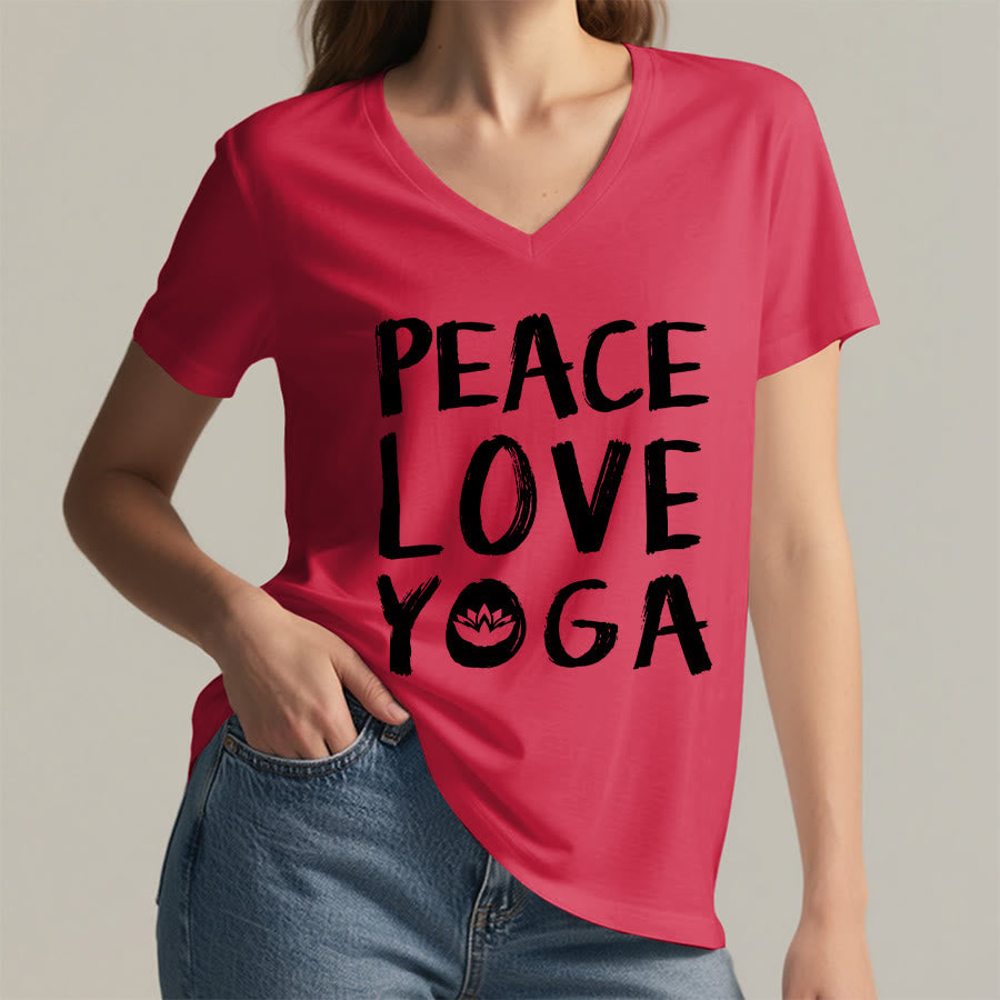 T-shirt à col en V pour femme Olivenorma Peace Love Lotus Yoga Text Graphic - image 32