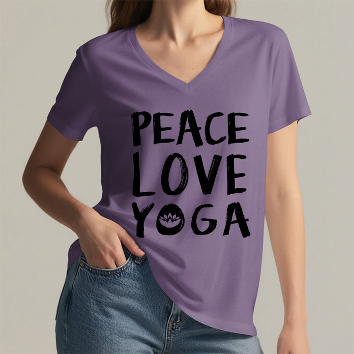 T-shirt à col en V pour femme Olivenorma Peace Love Lotus Yoga Text Graphic - image 38