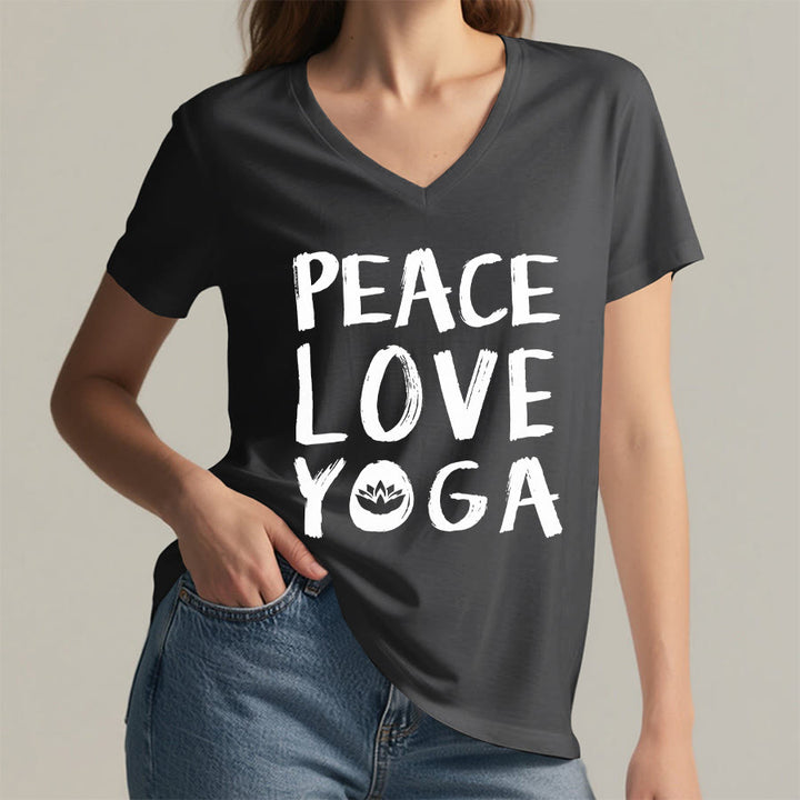 T-shirt à col en V pour femme Olivenorma Peace Love Lotus Yoga Text Graphic - image 23