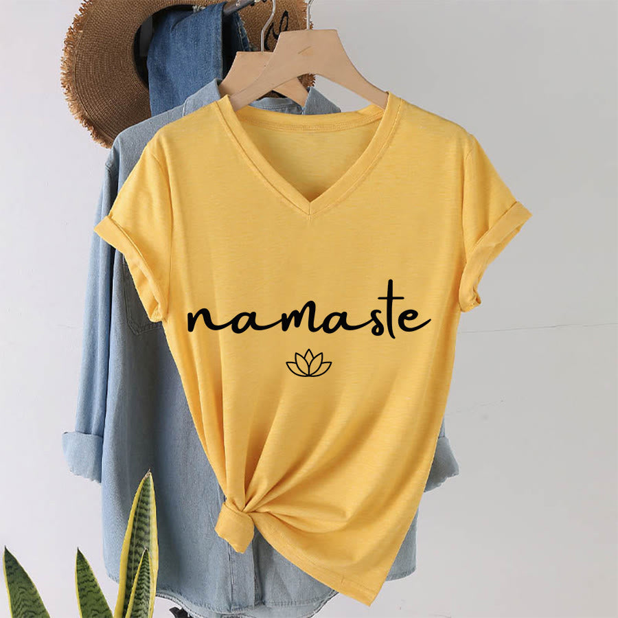 T-shirt Olivenorma à col en V pour femme, motif lotus zen, contour simple et cursif Namaste - Jaune - 2XL - image 31