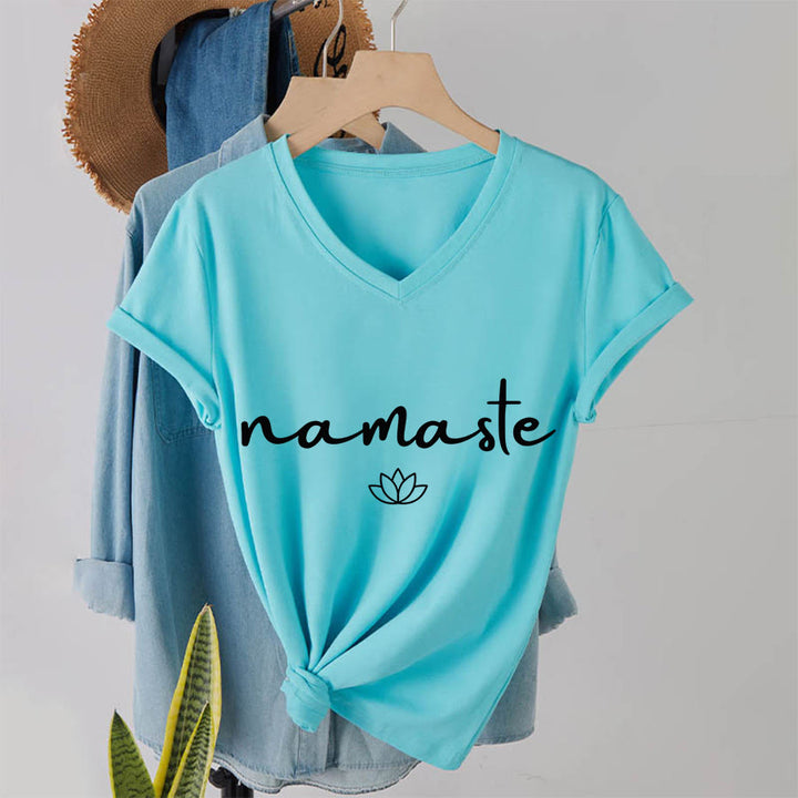 T-shirt Olivenorma à col en V pour femme, motif lotus zen, contour simple et cursif Namaste - Lac Bleu - 2XL - image 16