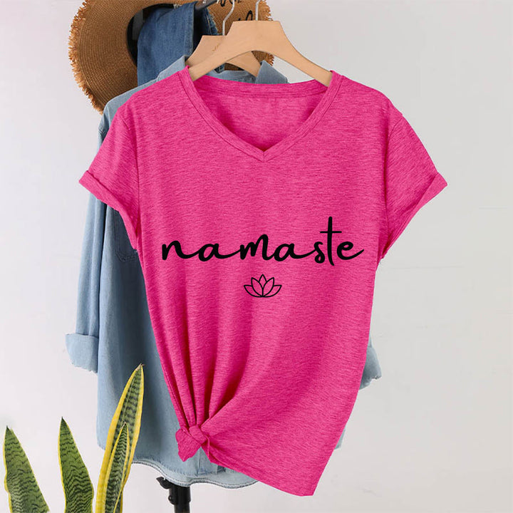 T-shirt Olivenorma à col en V pour femme, motif lotus zen, contour simple et cursif Namaste - Rose rouge - 2XL - image 34