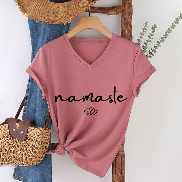 T-shirt Olivenorma à col en V pour femme, motif lotus zen, contour simple et cursif Namaste - Rose - 2XL - image 13