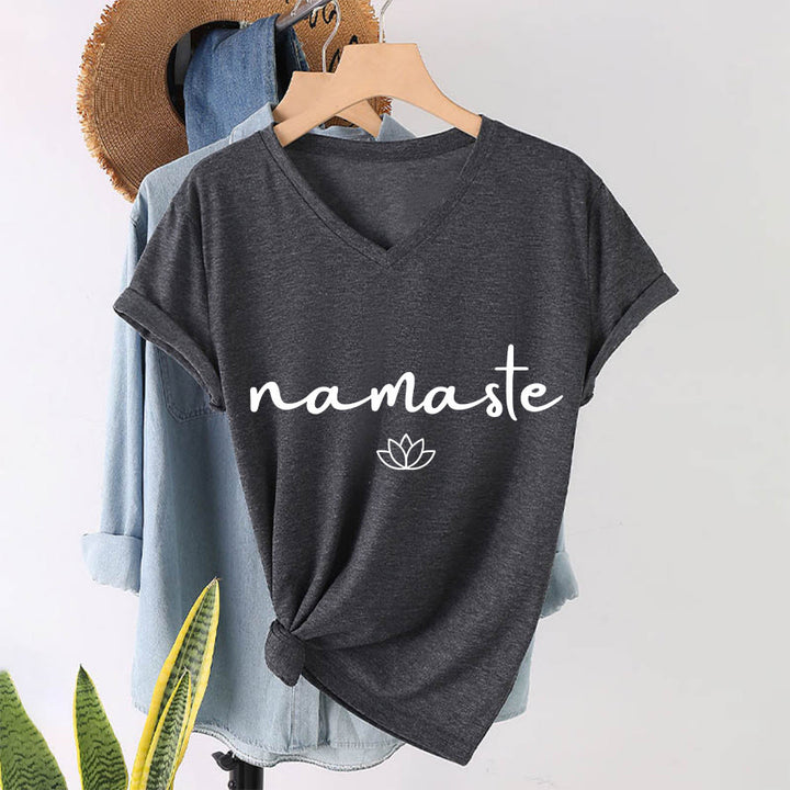T-shirt Olivenorma à col en V pour femme, motif lotus zen, contour simple et cursif Namaste - Gris - 2XL - image 19