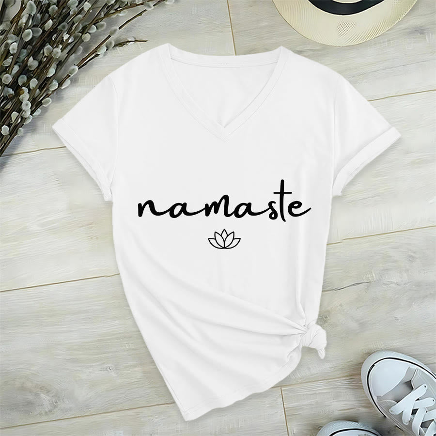 T-shirt Olivenorma à col en V pour femme, motif lotus zen, contour simple et cursif Namaste - image 21