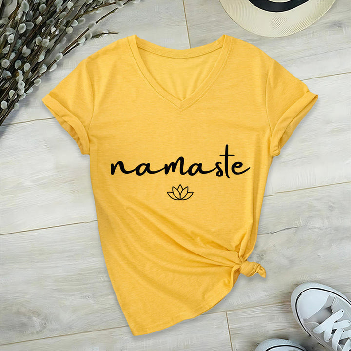 T-shirt Olivenorma à col en V pour femme, motif lotus zen, contour simple et cursif Namaste - image 30