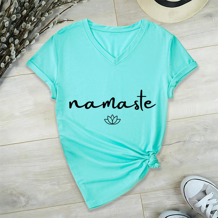 T-shirt Olivenorma à col en V pour femme, motif lotus zen, contour simple et cursif Namaste - image 15