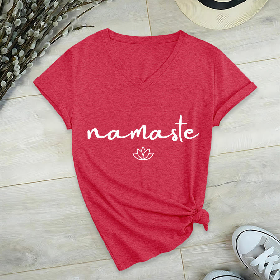 T-shirt Olivenorma à col en V pour femme, motif lotus zen, contour simple et cursif Namaste - image 27