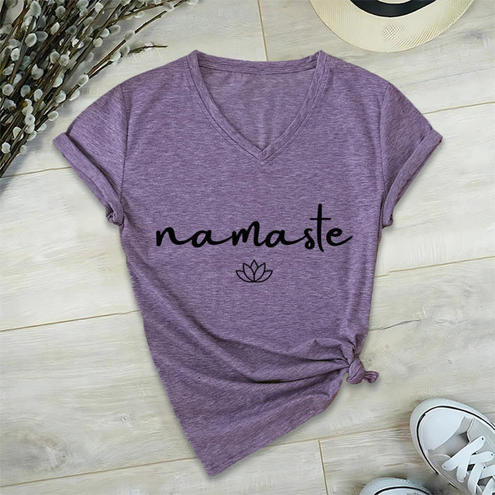 T-shirt Olivenorma à col en V pour femme, motif lotus zen, contour simple et cursif Namaste - image 36