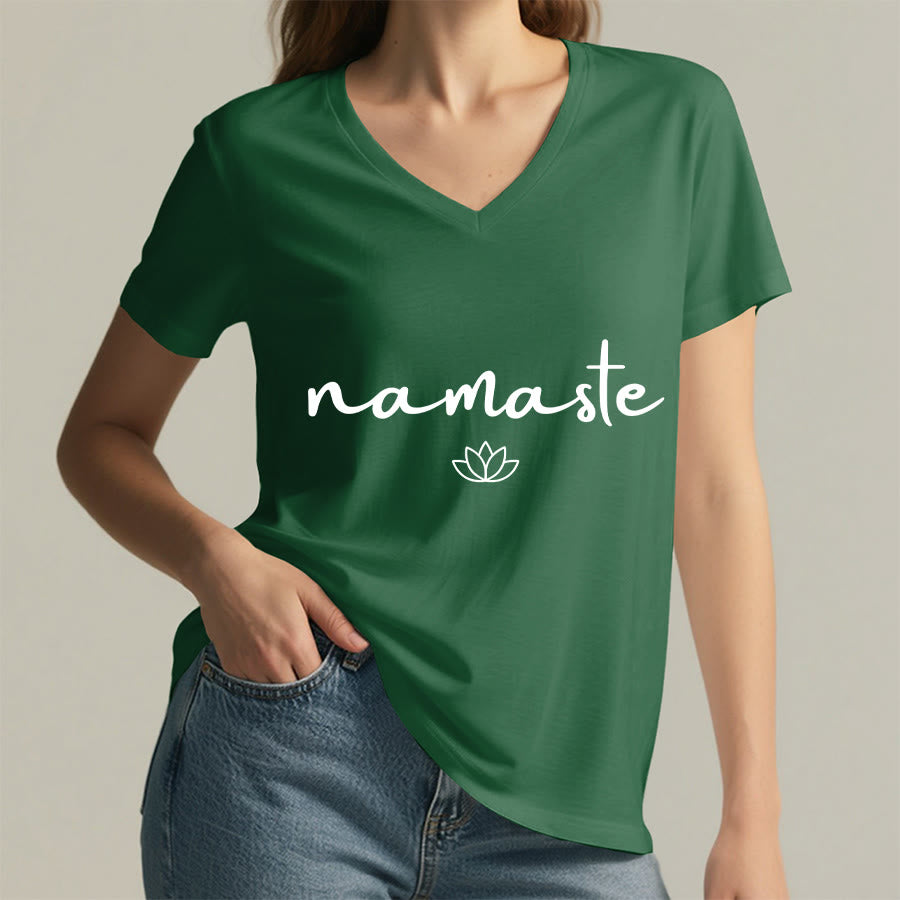 T-shirt Olivenorma à col en V pour femme, motif lotus zen, contour simple et cursif Namaste - image 8