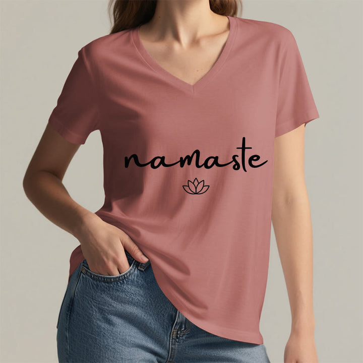 T-shirt Olivenorma à col en V pour femme, motif lotus zen, contour simple et cursif Namaste - image 14