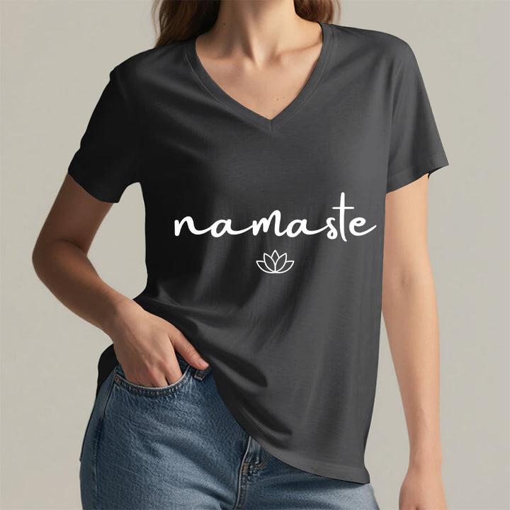 T-shirt Olivenorma à col en V pour femme, motif lotus zen, contour simple et cursif Namaste - image 20