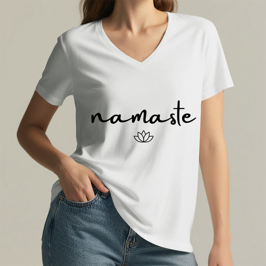 T-shirt Olivenorma à col en V pour femme, motif lotus zen, contour simple et cursif Namaste - image 23