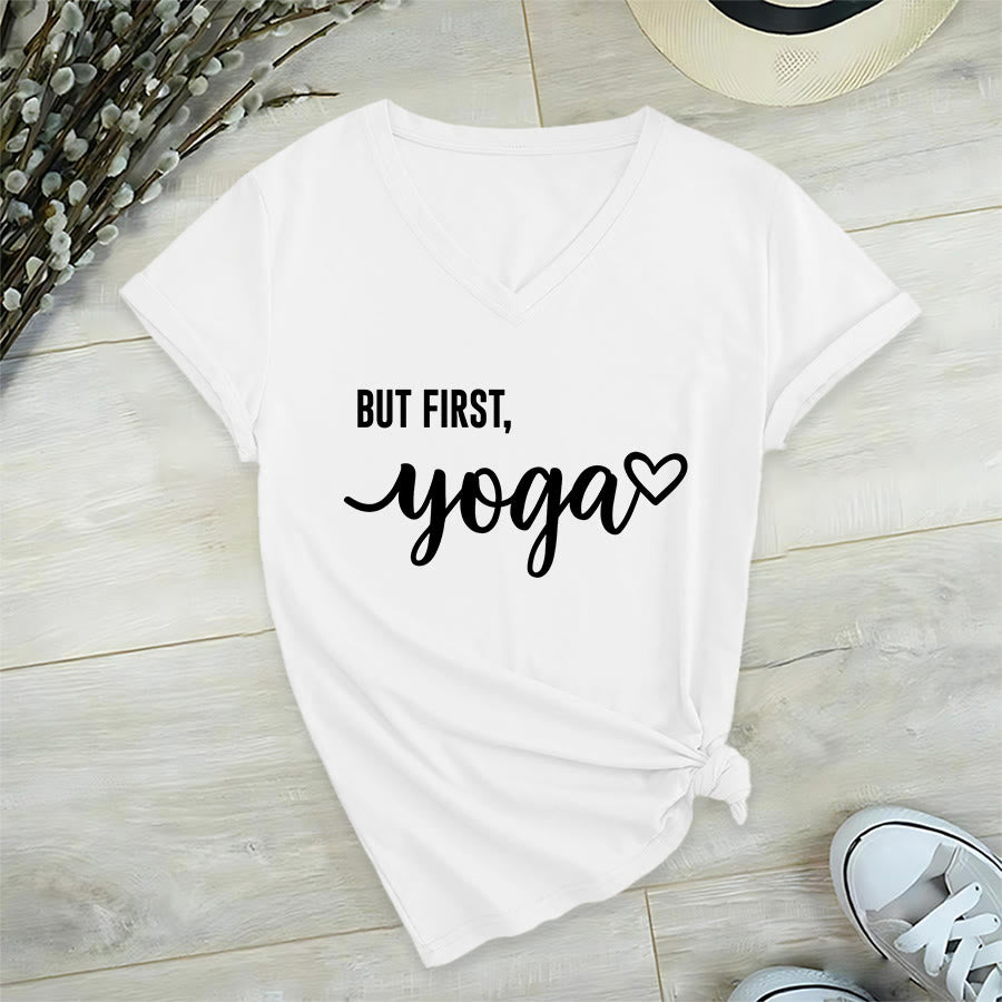 T-shirt Olivenorma But First Yoga avec motif cœur et texte cursif pour femme, col en V - Blanc - 2XL - image 21
