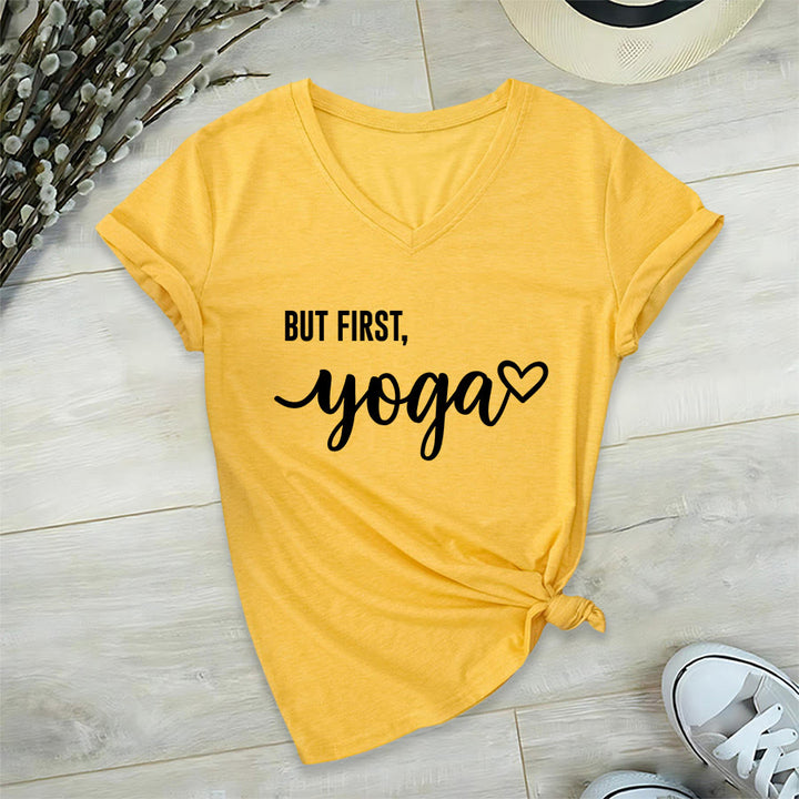 T-shirt Olivenorma But First Yoga avec motif cœur et texte cursif pour femme, col en V - Jaune - 2XL - image 30