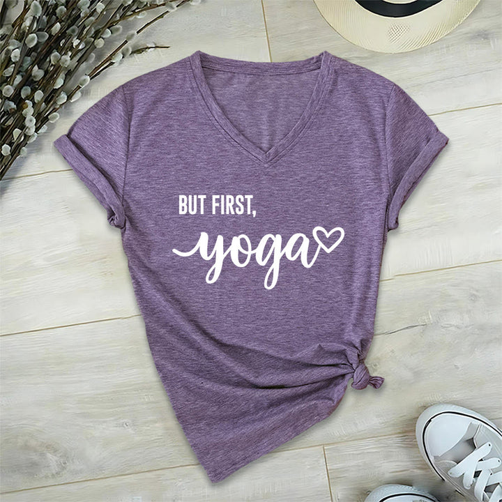 T-shirt Olivenorma But First Yoga avec motif cœur et texte cursif pour femme, col en V - Violet - 2XL - image 36