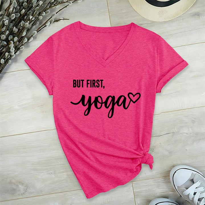 T-shirt Olivenorma But First Yoga avec motif cœur et texte cursif pour femme, col en V - Rose rouge - 2XL - image 33