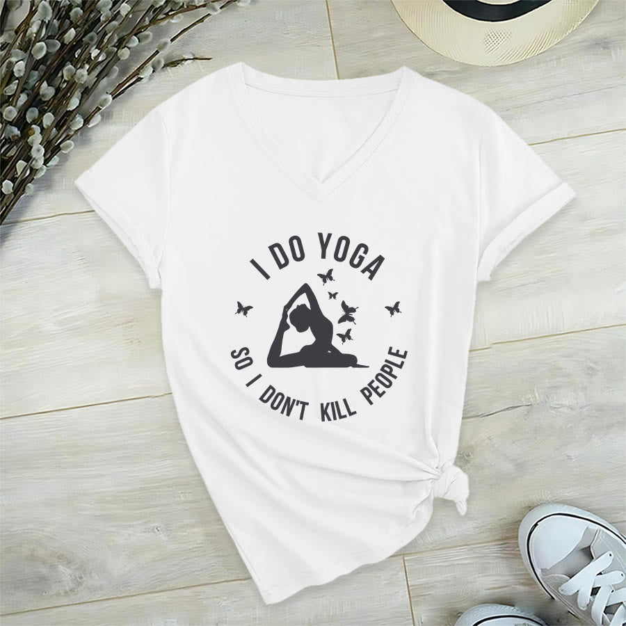 T-shirt Olivenorma Funny I Do Yoga avec motif papillon et croissant de lune, col en V, pour femme - Blanc - 2XL - image 24