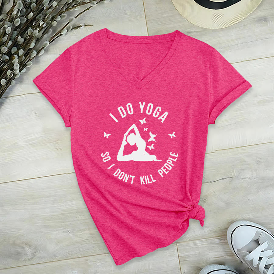 T-shirt Olivenorma Funny I Do Yoga avec motif papillon et croissant de lune, col en V, pour femme - Rose rouge - 2XL - image 36