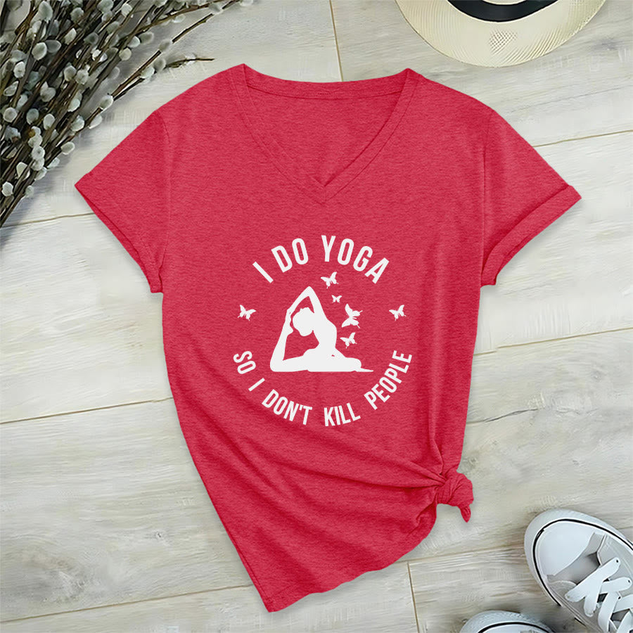 T-shirt Olivenorma Funny I Do Yoga avec motif papillon et croissant de lune, col en V, pour femme - Rouge - 2XL - image 30