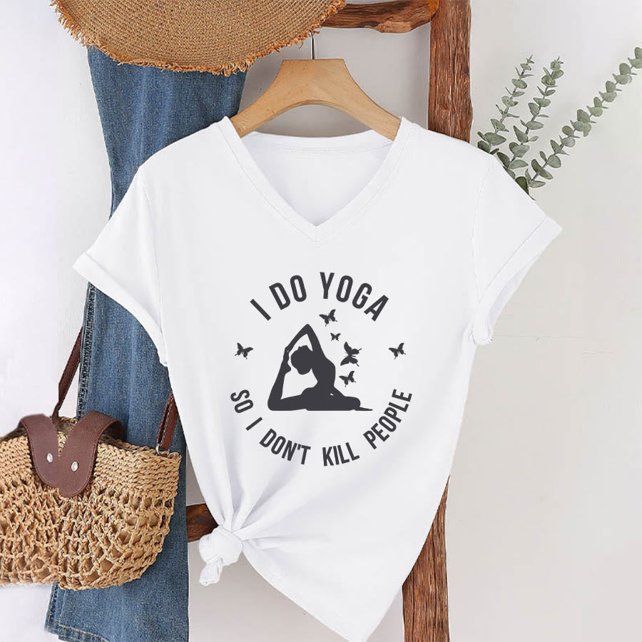 T-shirt Olivenorma Funny I Do Yoga avec motif papillon et croissant de lune, col en V, pour femme - image 25