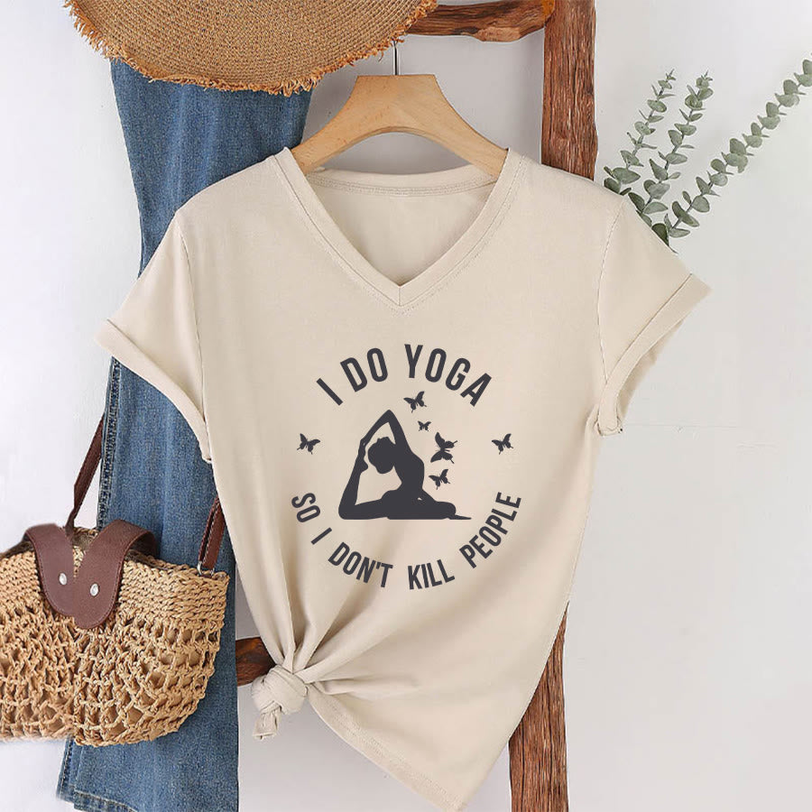 T-shirt Olivenorma Funny I Do Yoga avec motif papillon et croissant de lune, col en V, pour femme - image 13
