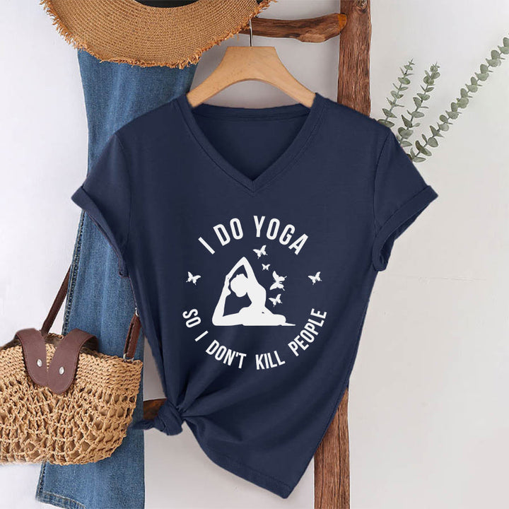 T-shirt Olivenorma Funny I Do Yoga avec motif papillon et croissant de lune, col en V, pour femme - image 28
