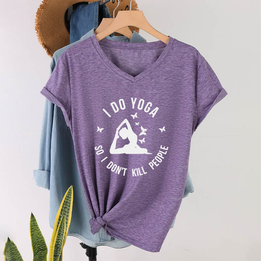 T-shirt Olivenorma Funny I Do Yoga avec motif papillon et croissant de lune, col en V, pour femme - image 1