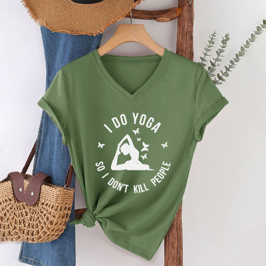 T-shirt Olivenorma Funny I Do Yoga avec motif papillon et croissant de lune, col en V, pour femme - image 10