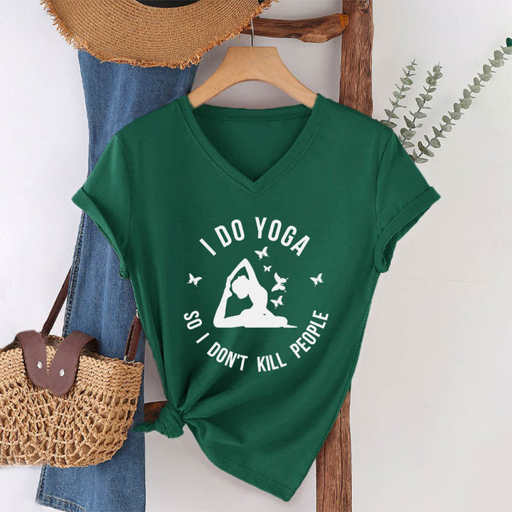 T-shirt Olivenorma Funny I Do Yoga avec motif papillon et croissant de lune, col en V, pour femme - image 7
