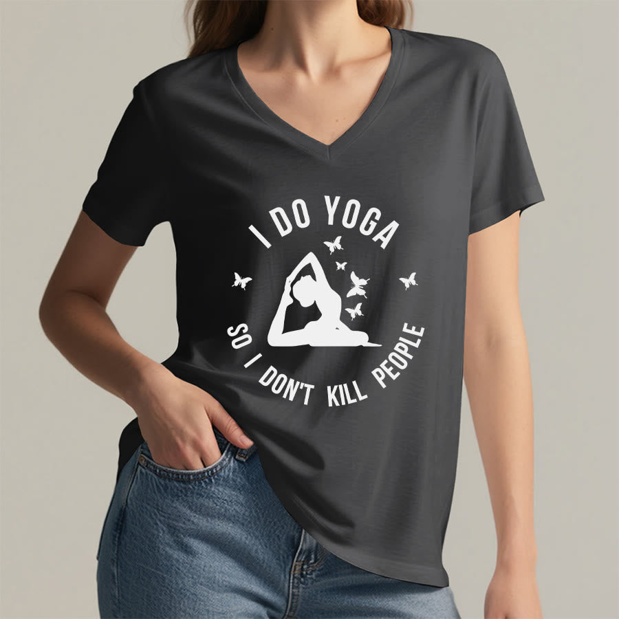 T-shirt Olivenorma Funny I Do Yoga avec motif papillon et croissant de lune, col en V, pour femme - image 23