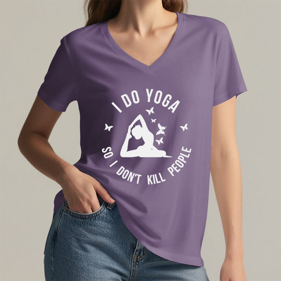 T-shirt Olivenorma Funny I Do Yoga avec motif papillon et croissant de lune, col en V, pour femme - image 2