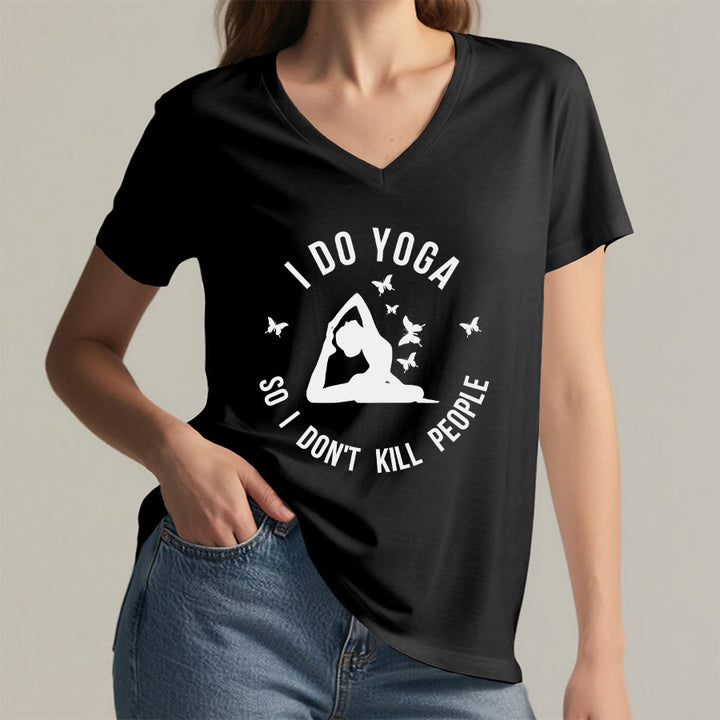 T-shirt Olivenorma Funny I Do Yoga avec motif papillon et croissant de lune, col en V, pour femme - image 5