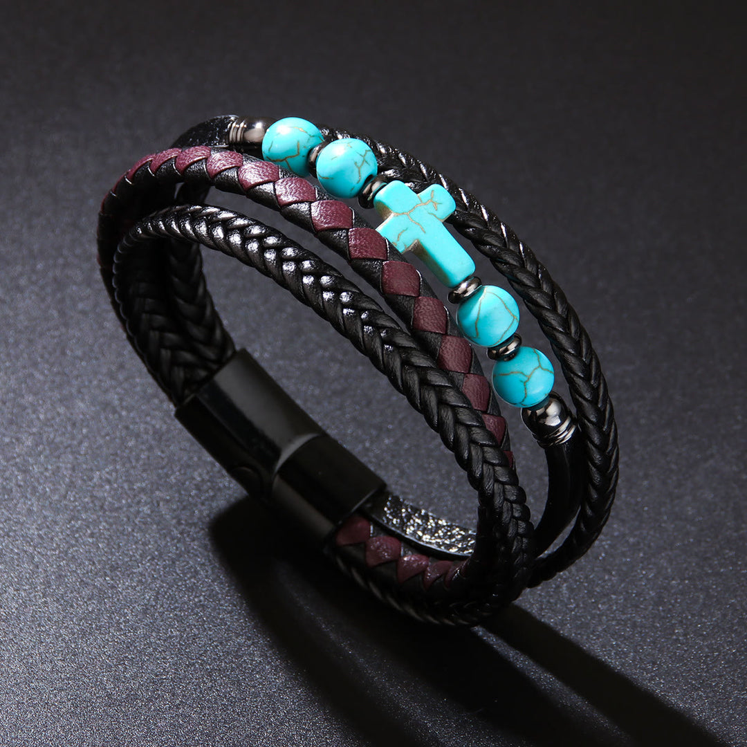 Bracelet en cuir tressé pour homme avec perles en pierre naturelle Olivenorma - Turquoise - image 15
