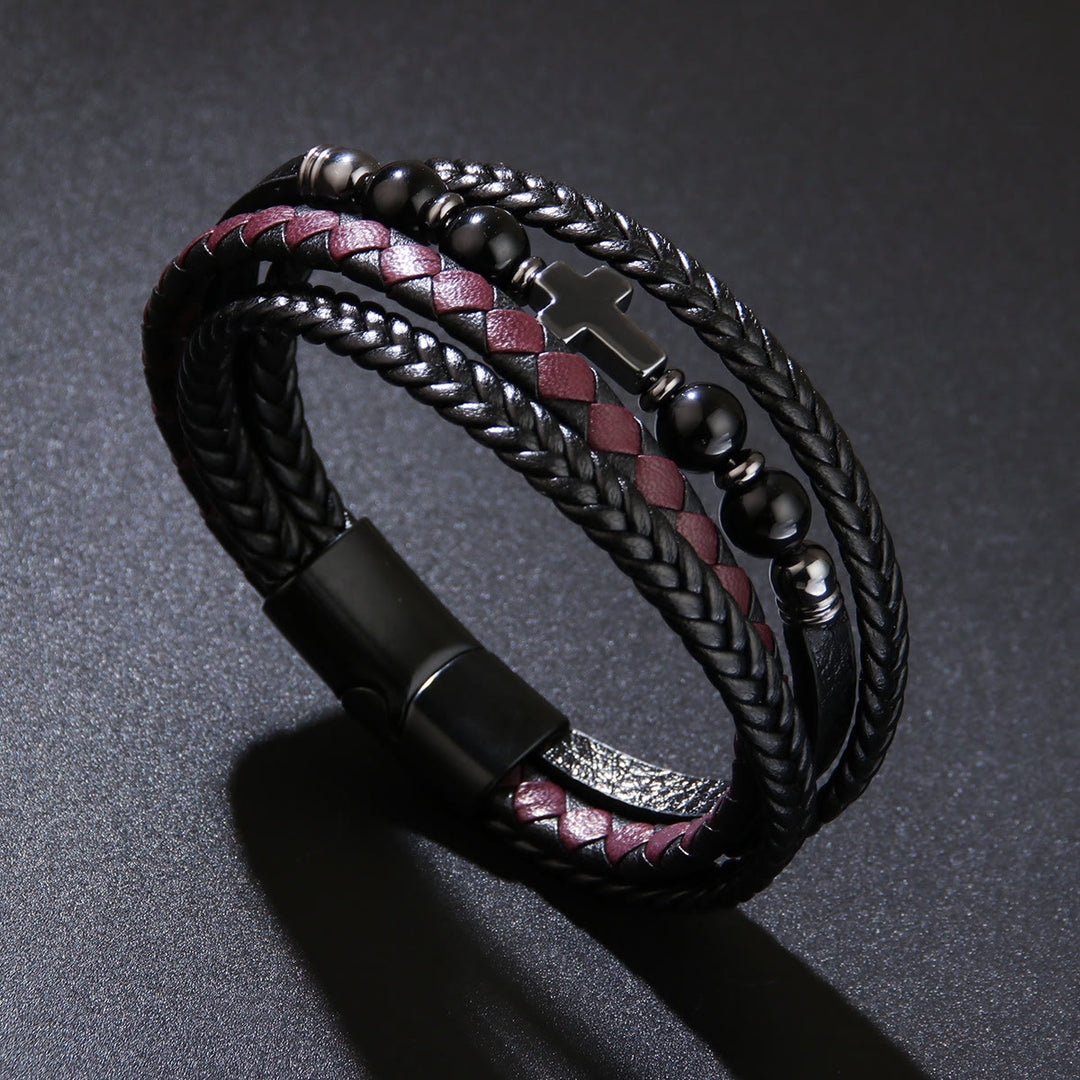 Bracelet en cuir tressé pour homme avec perles en pierre naturelle Olivenorma - Onyx noir - image 14
