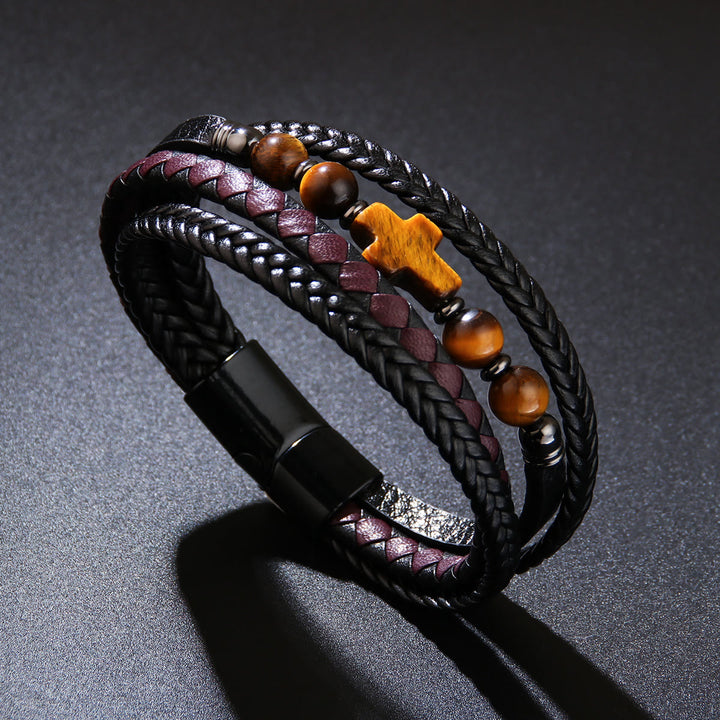 Bracelet en cuir tressé pour homme avec perles en pierre naturelle Olivenorma - Œil de tigre n°2 - image 16