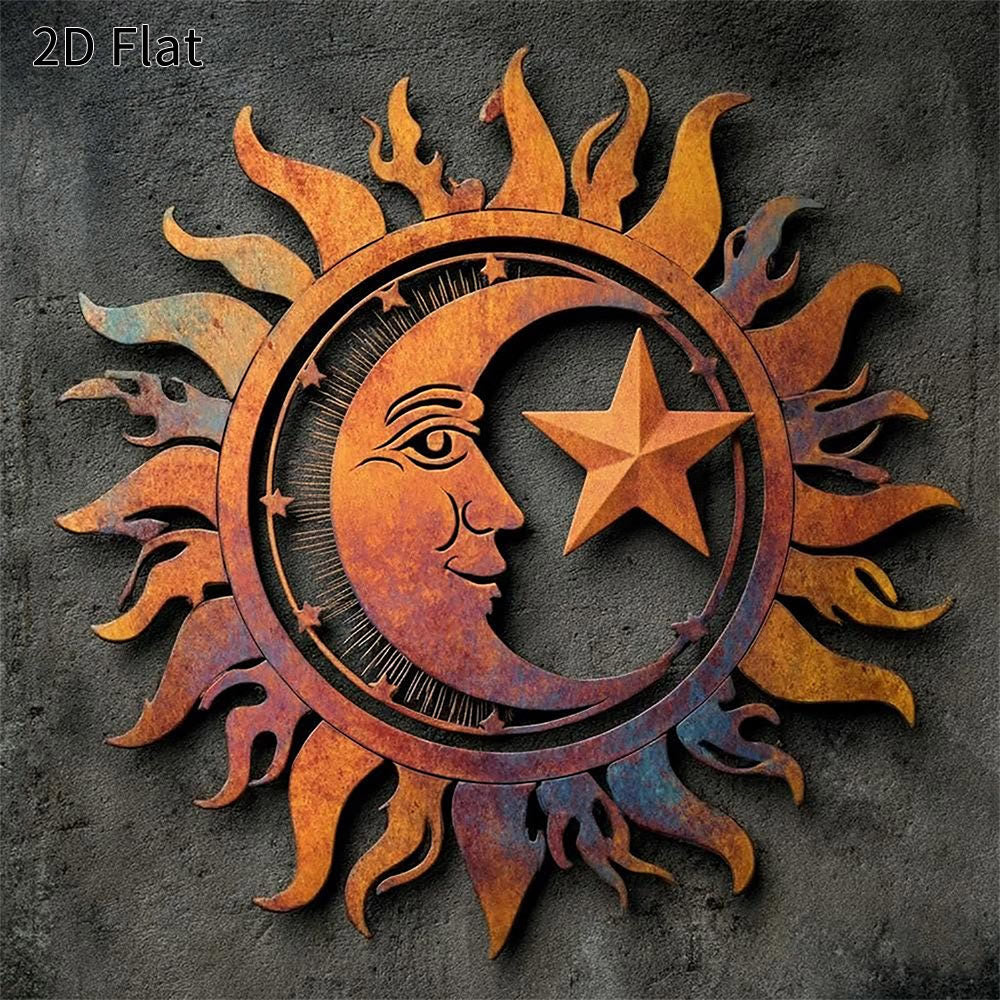 Décoration murale en métal 2D ajourée Olivenorma, motif soleil, lune et étoile rustique - 38 cm x 38 cm x 1,2 mm - image 0