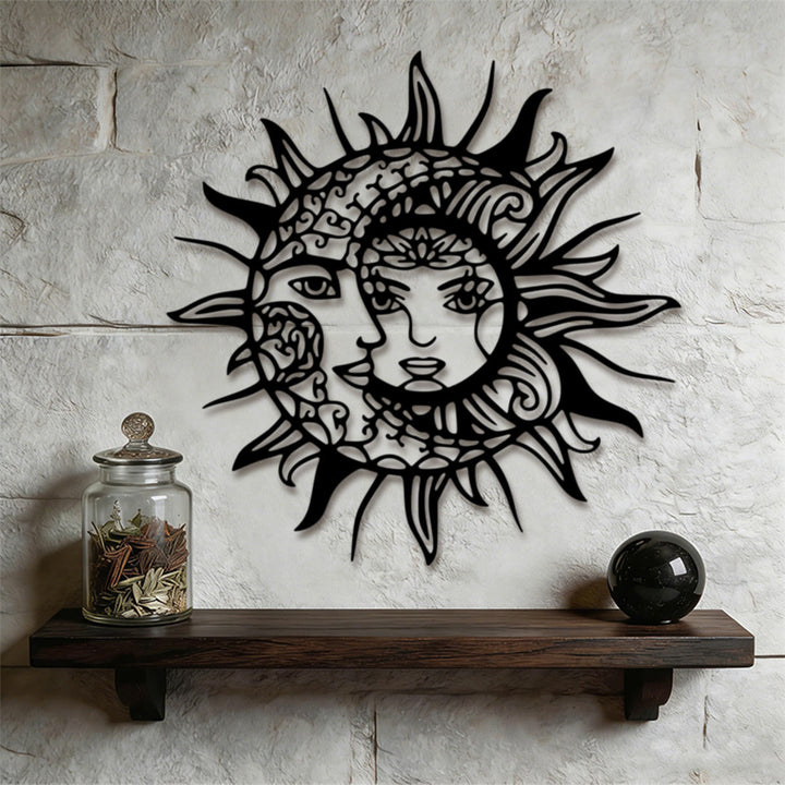Décoration murale en métal ajouré Olivenorma Boho Visage de soleil et de lune 2D - image 1