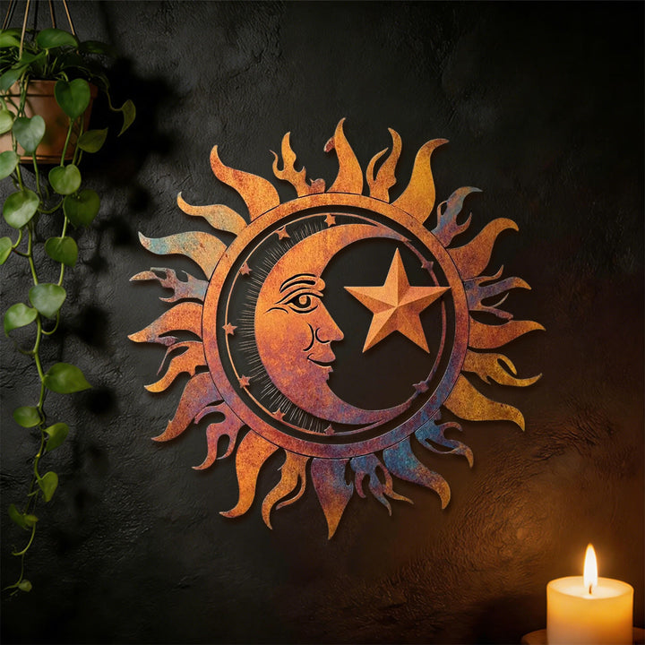 Décoration murale en métal 2D ajourée Olivenorma, motif soleil, lune et étoile rustique - image 5