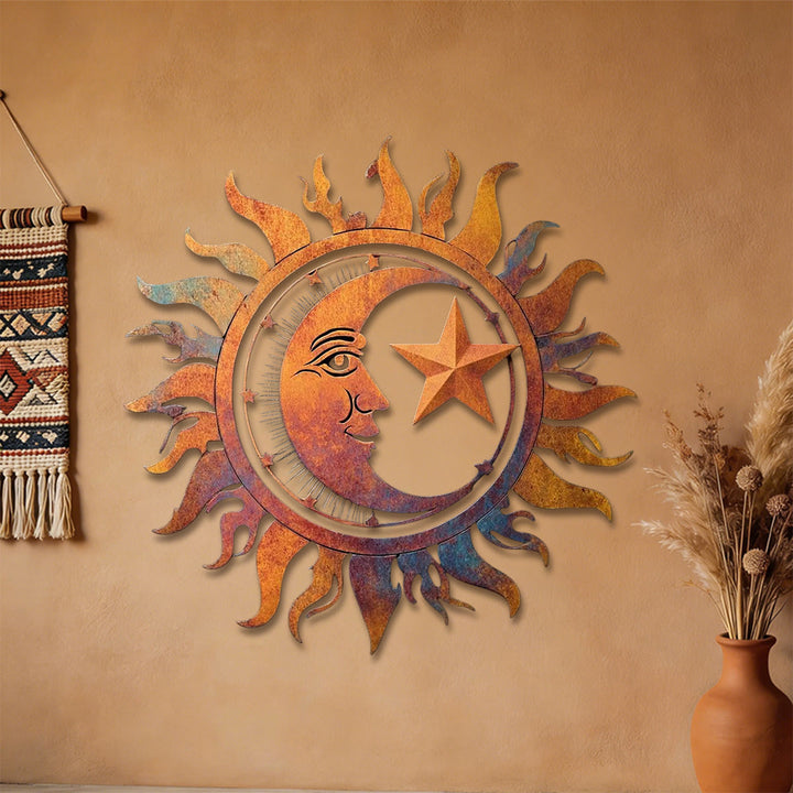 Décoration murale en métal 2D ajourée Olivenorma, motif soleil, lune et étoile rustique - image 3