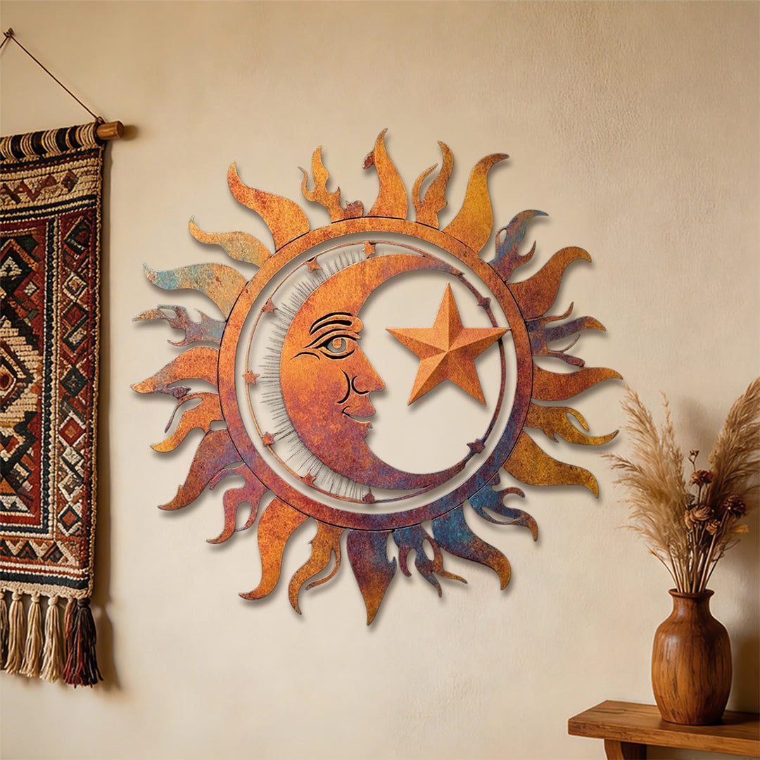 Décoration murale en métal 2D ajourée Olivenorma, motif soleil, lune et étoile rustique - image 2
