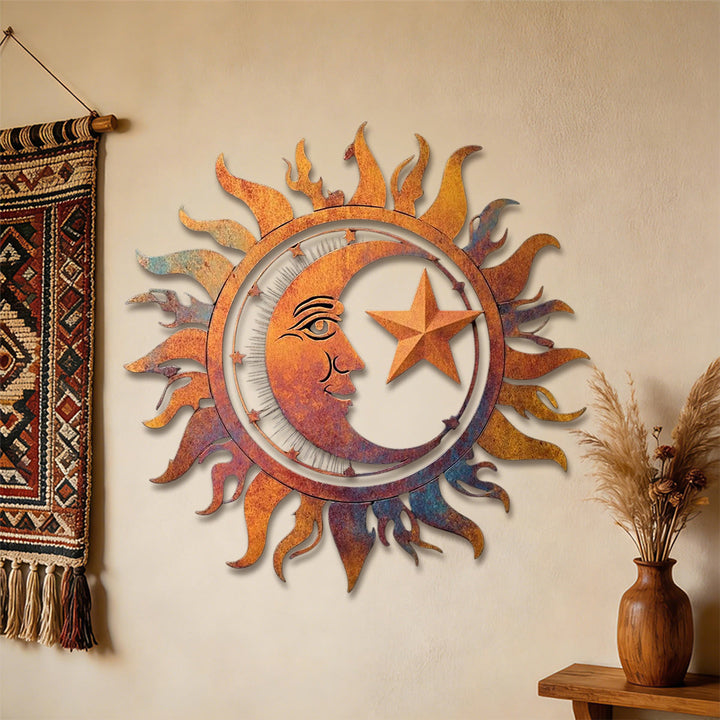 Décoration murale en métal 2D ajourée Olivenorma, motif soleil, lune et étoile rustique - image 2