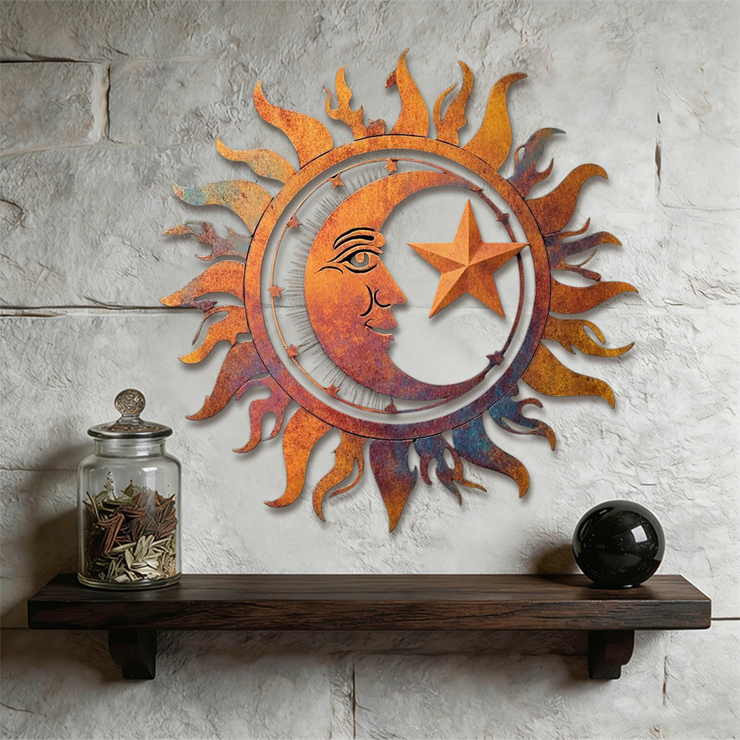Décoration murale en métal 2D ajourée Olivenorma, motif soleil, lune et étoile rustique - image 1